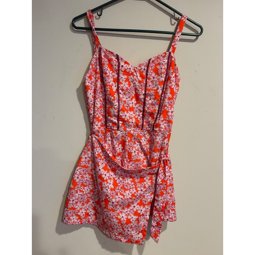 Band of the Free Orange Pink‎ Floral Corset Romper XS Smocked Back Wrap Front - Picture 2 of 6